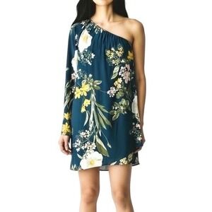 Lulus One Shoulder Floral Mini Dress Womens Large Teal Blue Excellent Boho Bell